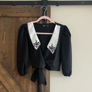 ASOS DESIGN wrap top with volume sleeve with collar